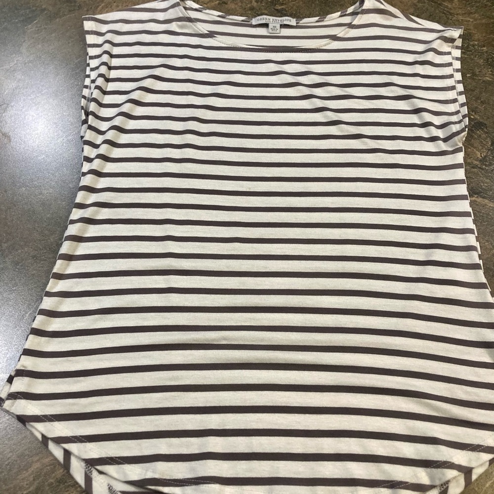 Green Envelope Casual Contour Striped Short Sleeve Shirt, XS